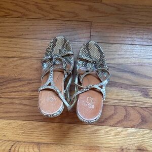 Women's Snake-Print Strappy Sandals in Taupe
